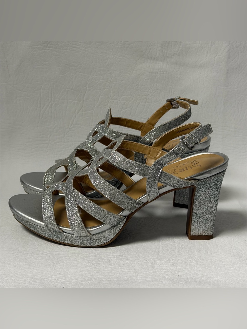 Naturalizer Shoes Womens Silver Strappy Heeled Sandals GlitterSz 6.5